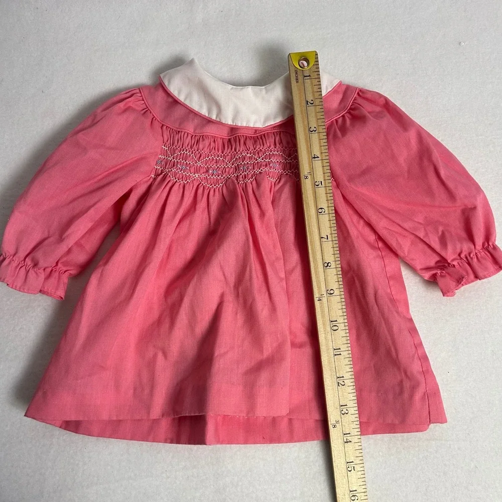 Vintage Carters Kids 12 Months Pink Blue Smocked Peter Pan Collar‎ Dress Lot 2pc